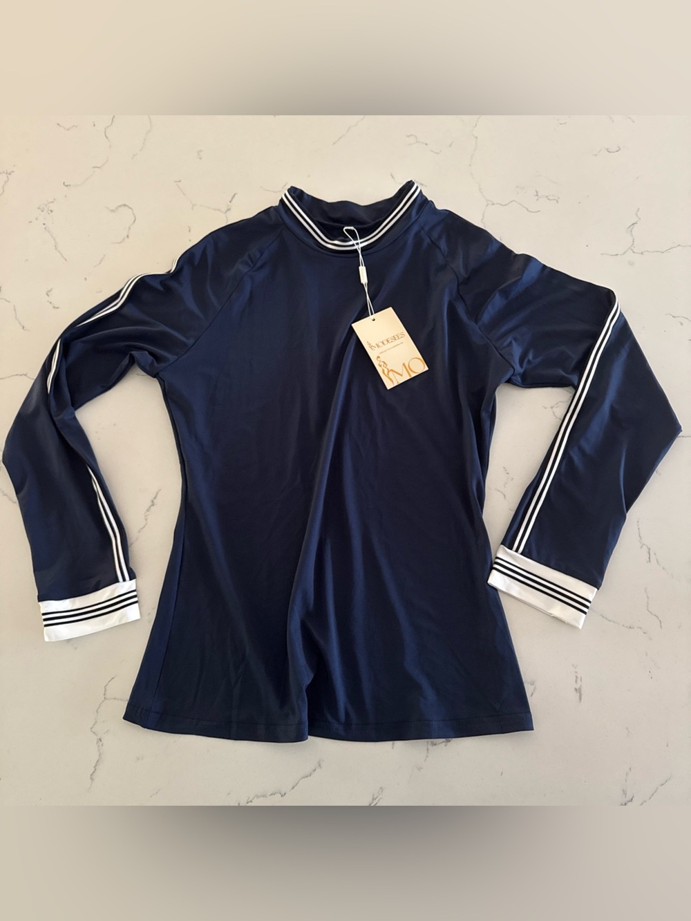 NWT Modesees Navy Blue Sports Long Sleeve Shirt Women’s Stripe Top athletic
